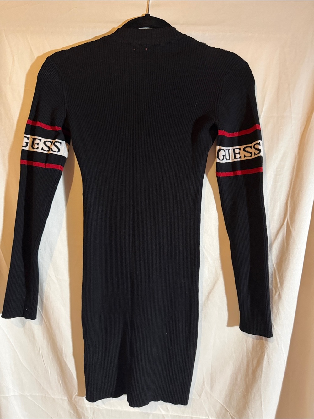 Guess Black Ribbed Zip-Front Long Ribed Sweater Sleeve Dress with Sleeve Accents - Picture 4 of 7